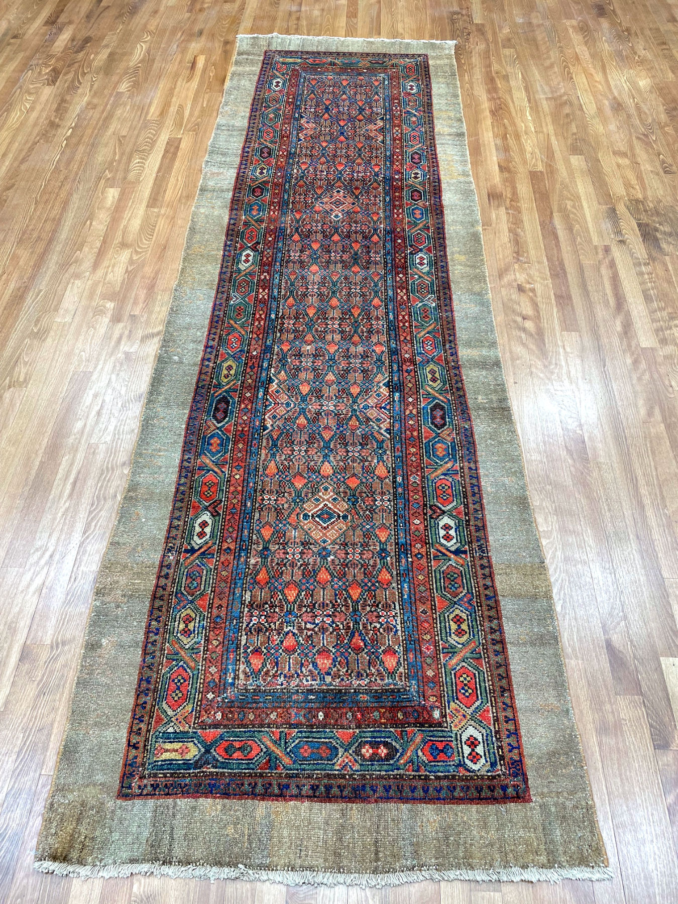 Persian Malayer runner rug, diamond medallion and geometric design, reds, blues, and greens,