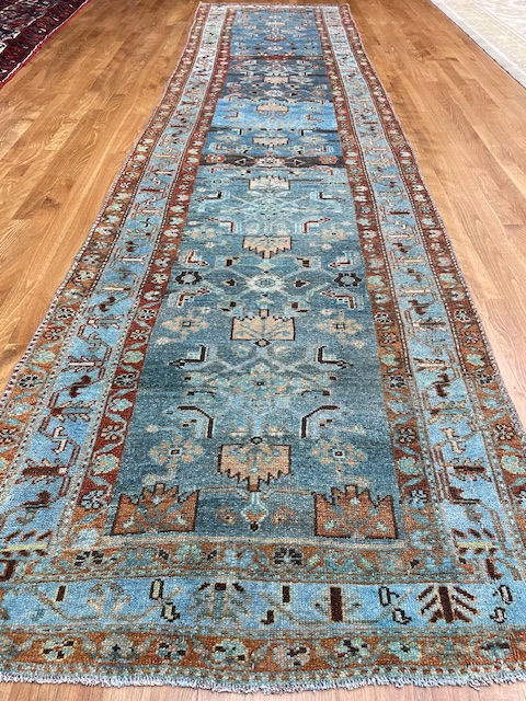 Thumbnail: Persian Heriz Runner Rug 3'1" x 13'3", meticulously hand woven from premium wool and cotton.
