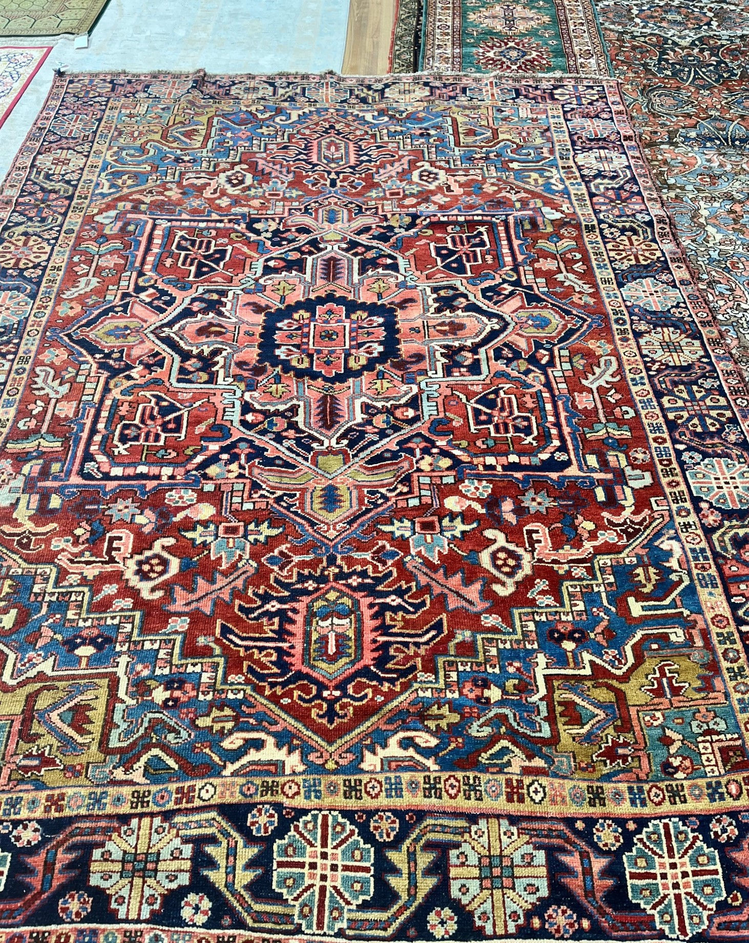 7'8" x 10'5" Persian Heriz Rug, handwoven from fine wool.