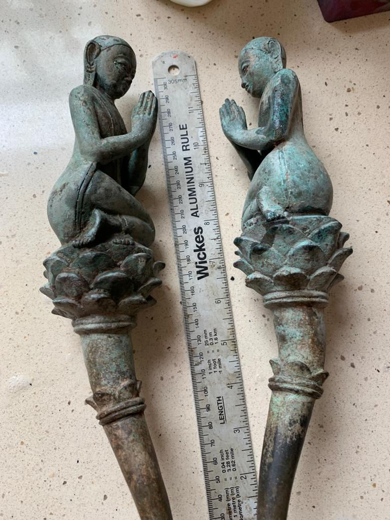 Thumbnail: Vintage Pair of Bronze Buddha Style Statues