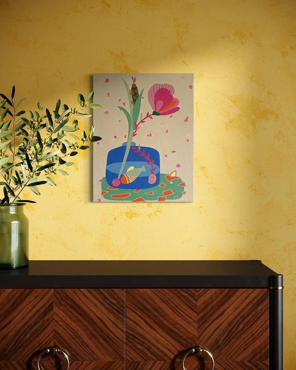 obraz z wazonem i kwiatami oraz rybką do wnętrza