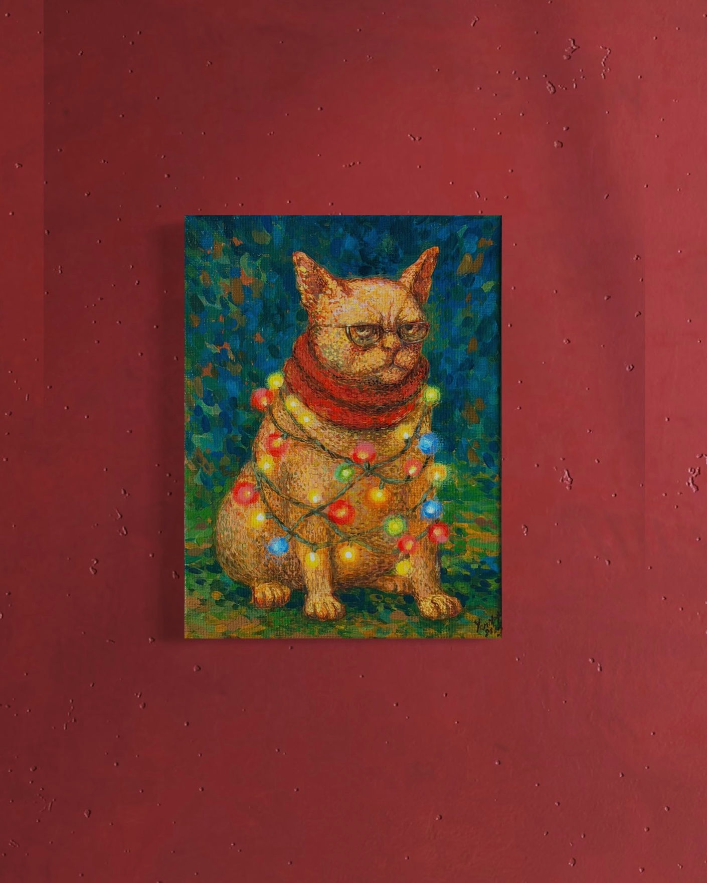 Obraz z kotem w lampkach choinkowych, akryl na płótnie