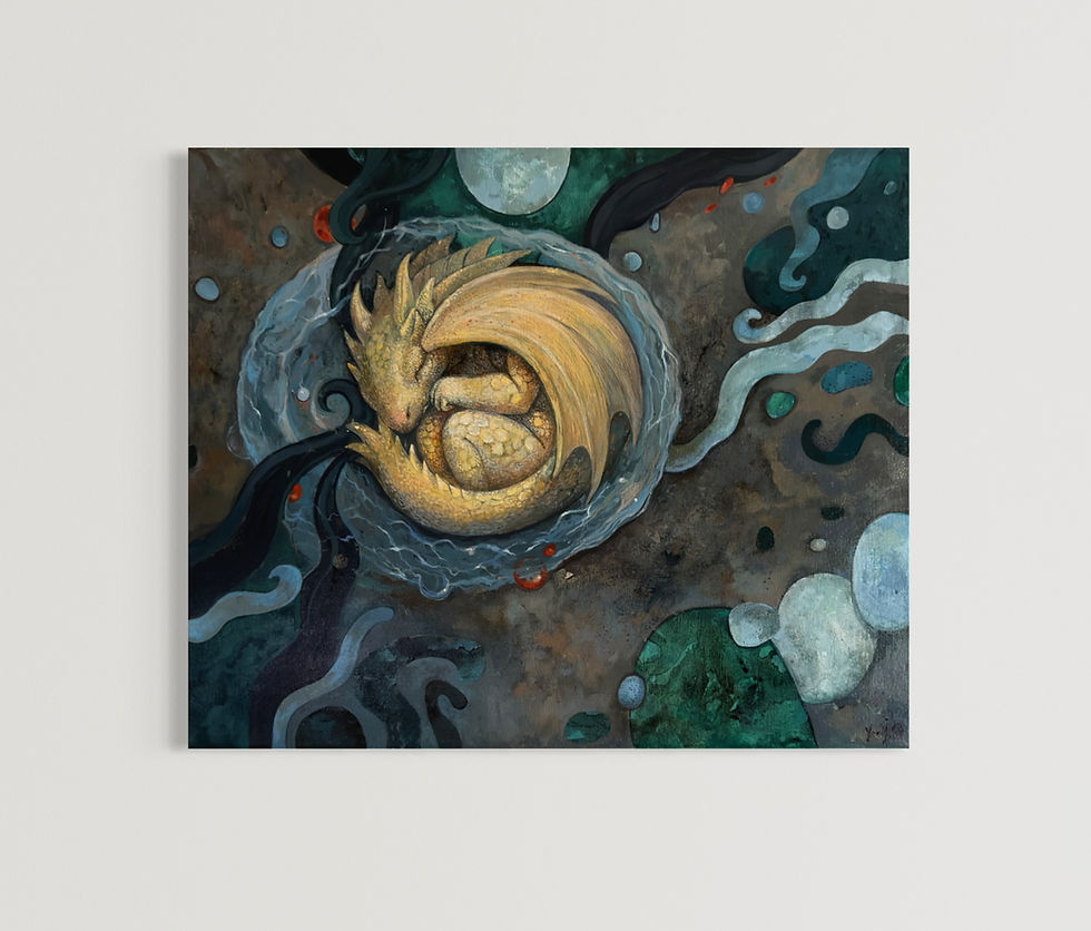 Obraz ze śpiącym smokiem w zielono-złotej kolorystyce