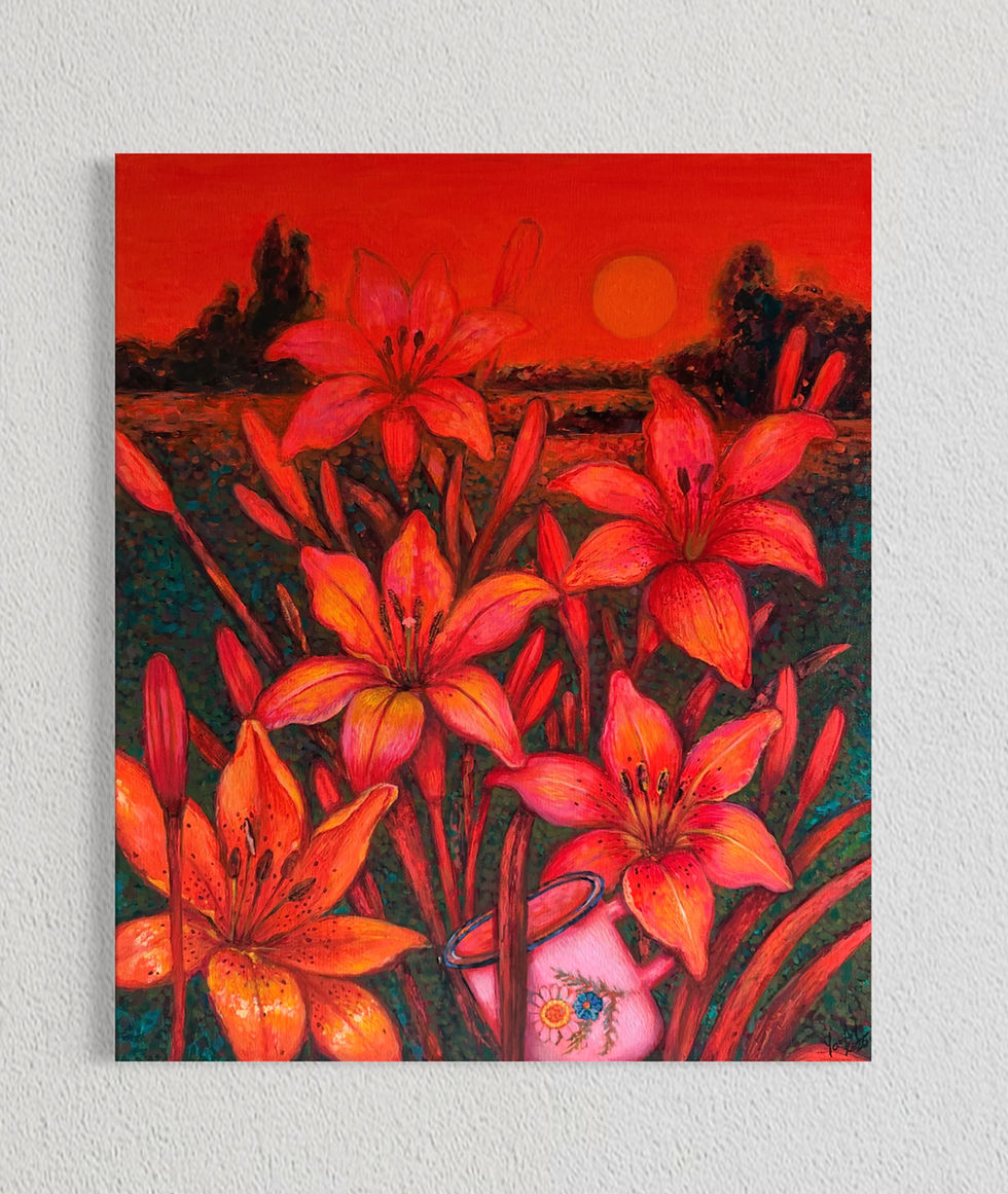 Obraz akrylowy na płótnie 50x60 cm – pomarańczowe lilie, zachód słońca, symboliczne wspomnienie lata.