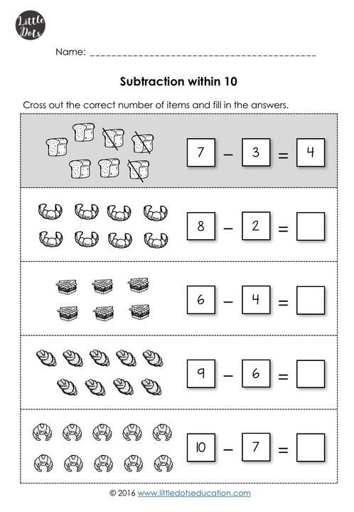 Subtractions within 10 Worksheets for Kindergarten | Little Dots