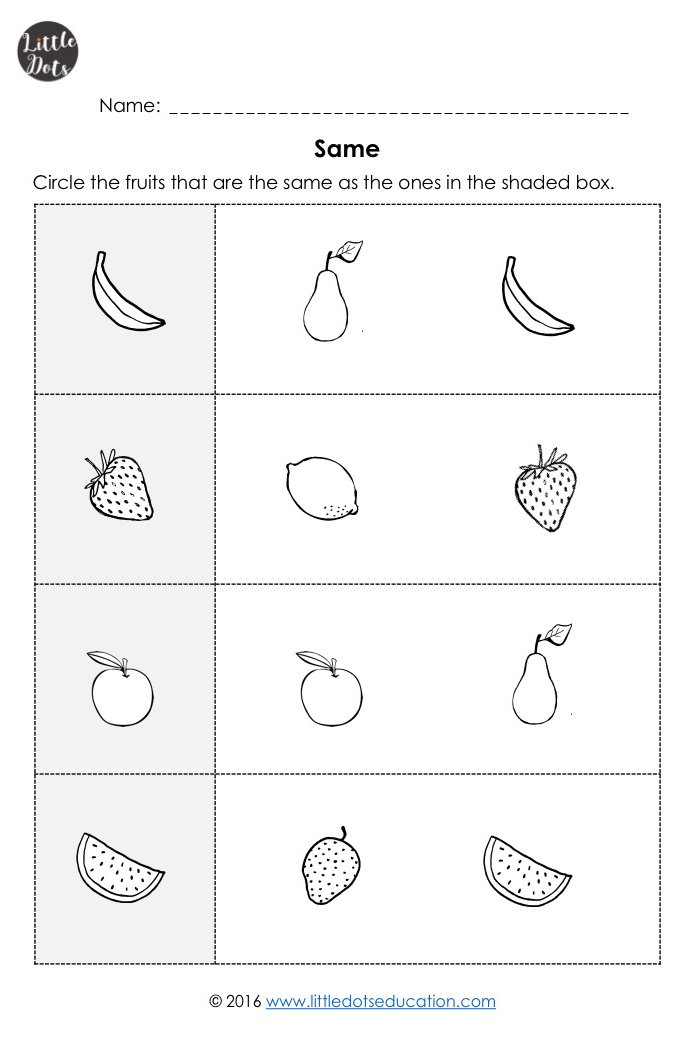 pre k same and different worksheets