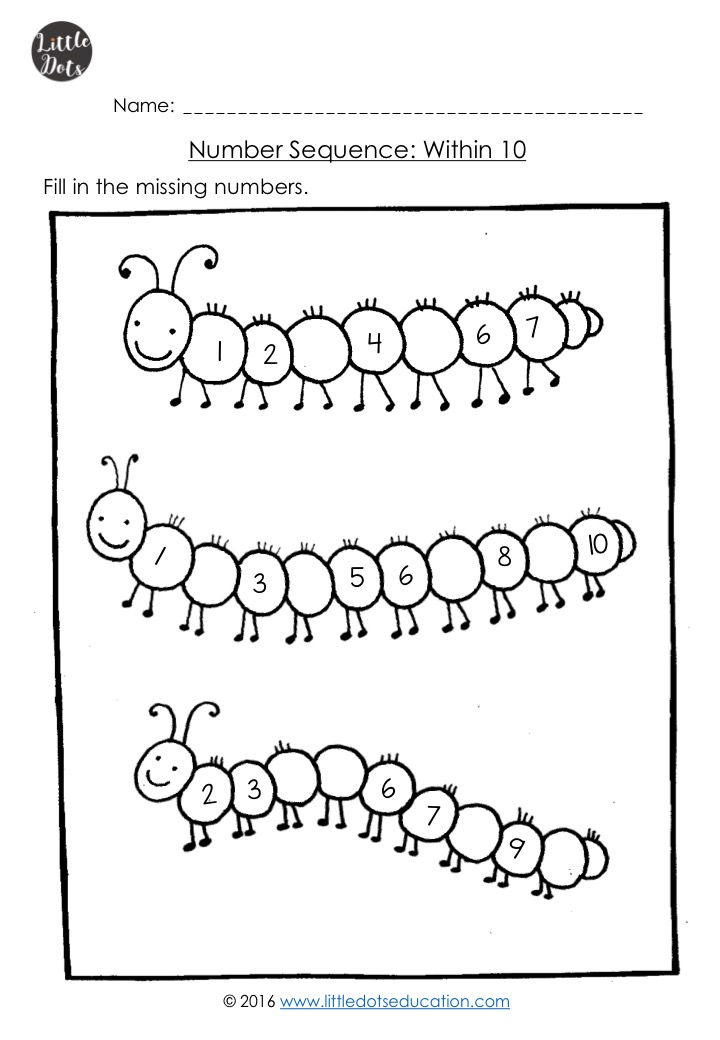 Number sequence worksheet for kindergarten