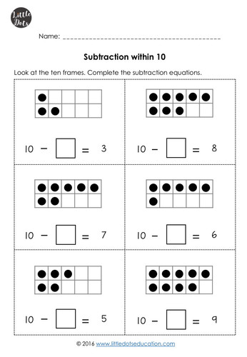 subtractions within 10 worksheets for kindergarten