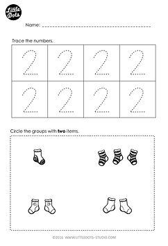 Free number 2 worksheet for pre-k level. Practice to trace and count one to one correspondence.