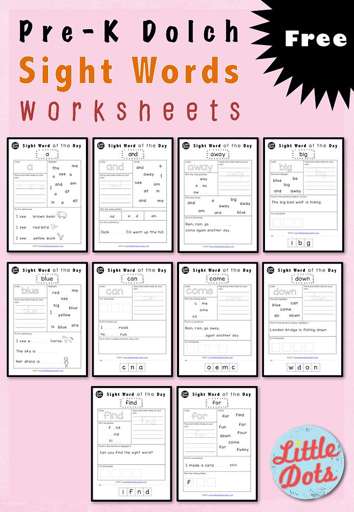 Free PreK Dolch Sight Words Worksheets Set 1