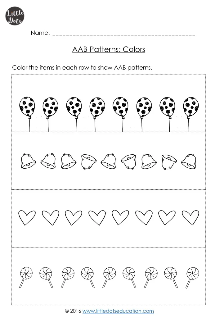 AAB, ABB Patterns Worksheets for Kindergarten