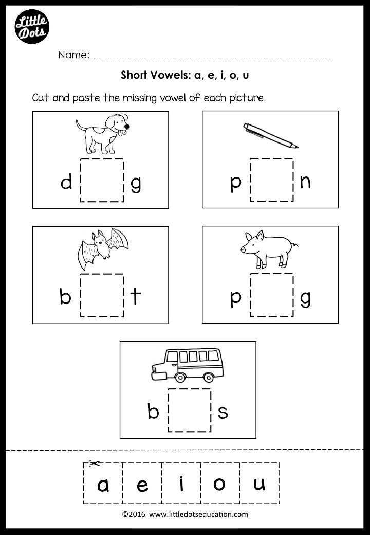 Short vowels a, e, i, o, u worksheet for preschool or kindergarten