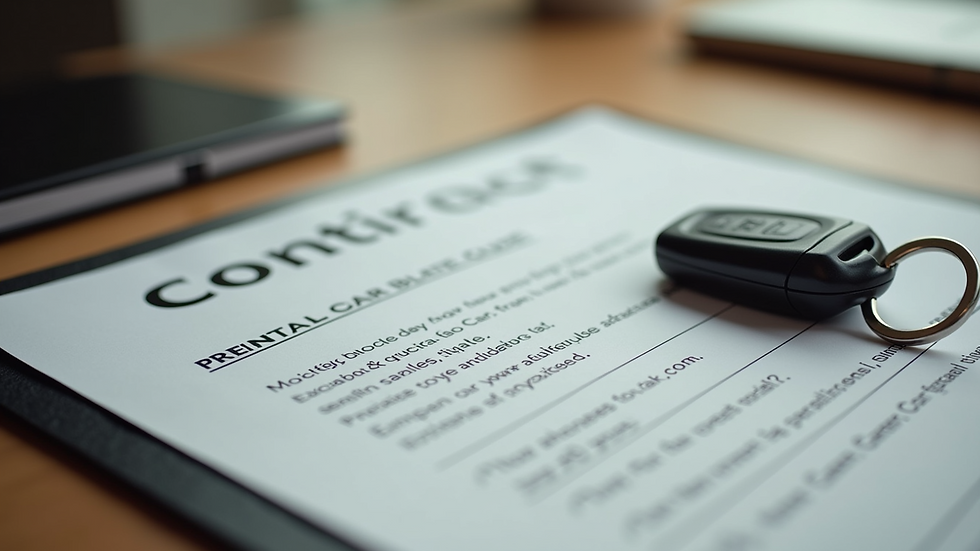 Close-up view of a rental car key and contract on a wooden table