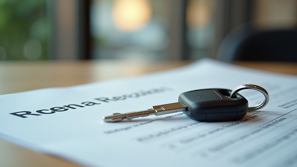 Close-up view of a car key and rental agreement on a table