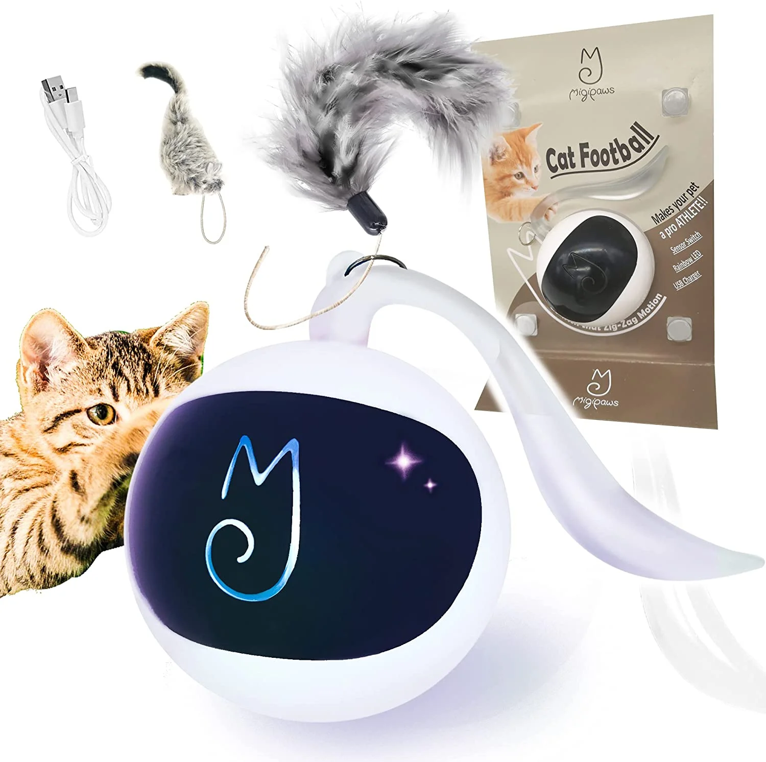 Interactive Automatic Cat Toy Bundle with Mice and Feather, USB Rechargeable