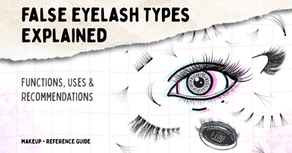 Infographic titled "False Eyelash Types Explained" introducing common false eyelash styles, their functions, uses, and recommended products. Beauty reference guide featuring full strip, half strip, cluster, individual, under lashes, and magnetic lashes.