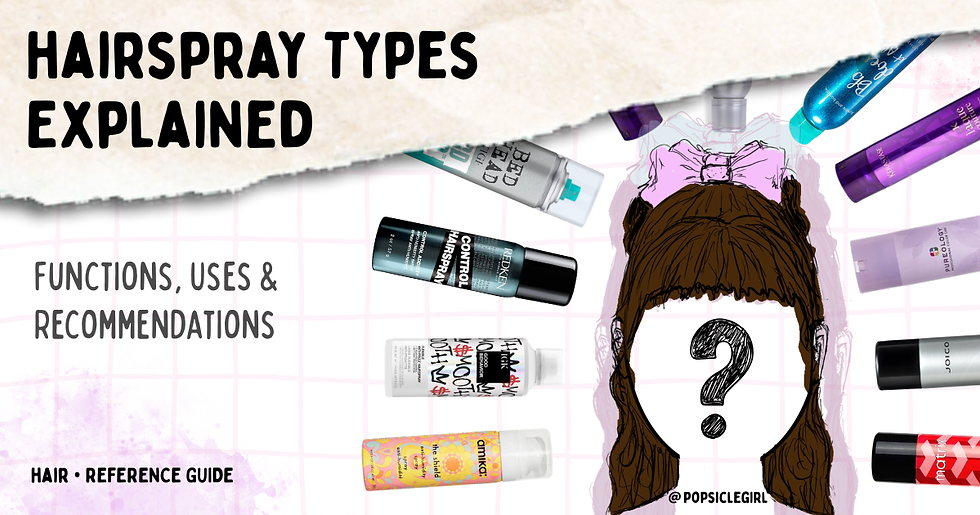 Infographic titled "Hairspray Types Explained" introducing common hairspray categories, their functions, uses, and recommended products. Beauty reference guide featuring working, building, finishing, locking, anti-humidity, and shine hairsprays.