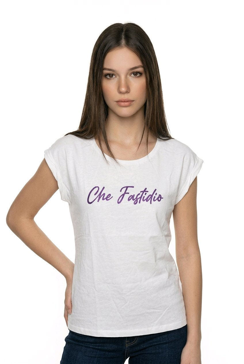 T-shirt scritta viola glitterata Che fastidio!