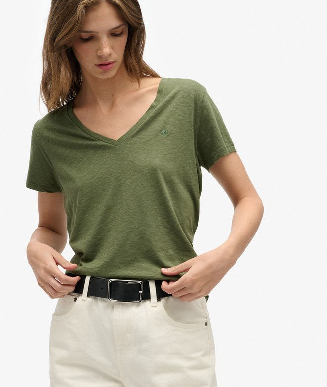 Thumbnail: T-shirt scollo a V in cotone fiammato