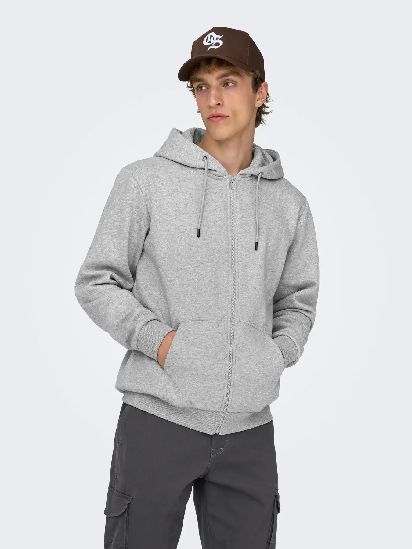 Felpa basic con cappuccio e zip felpata grigia