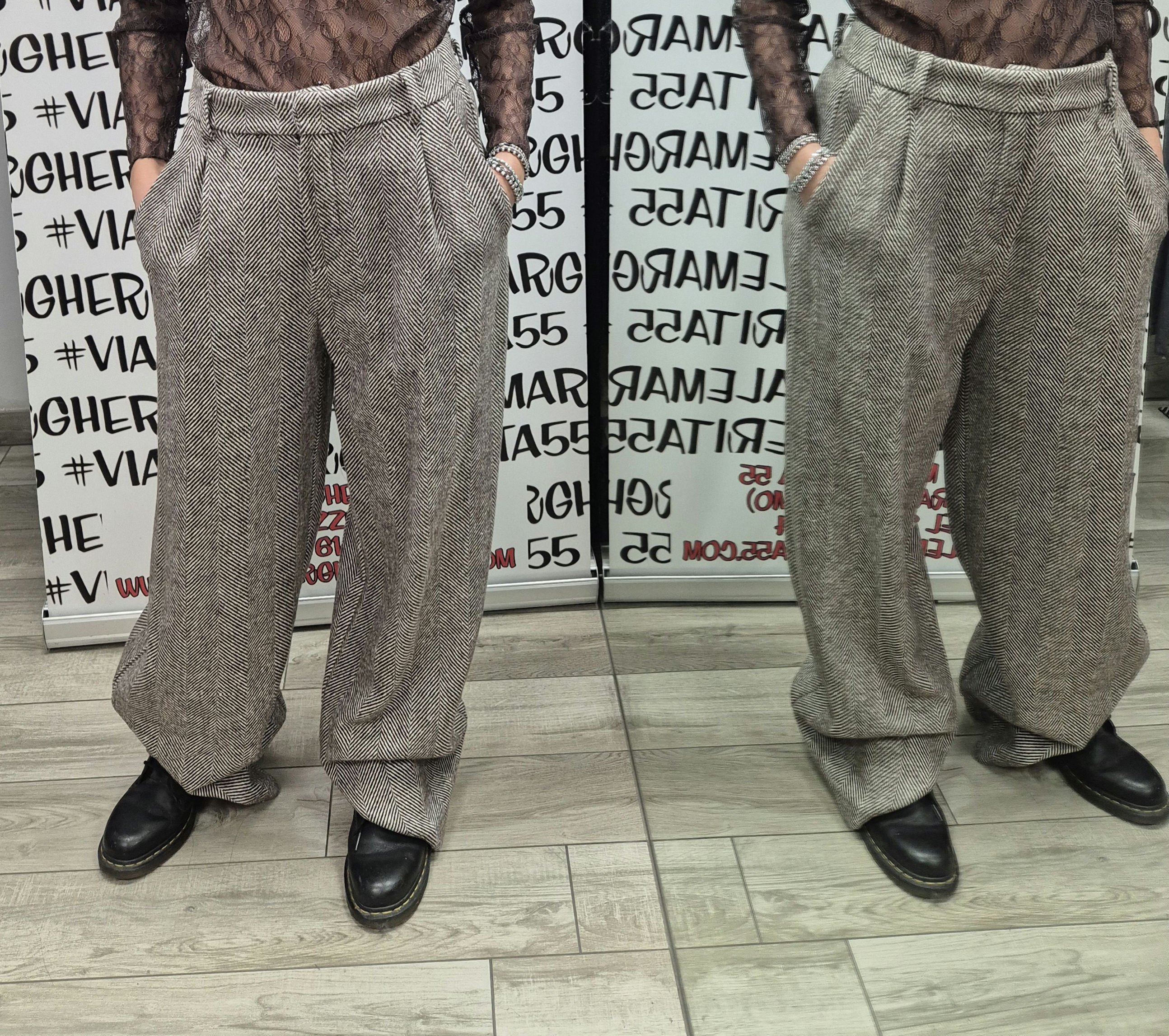 Pantalone a palazzo in tessuto pesante spigato marrone LUMINA