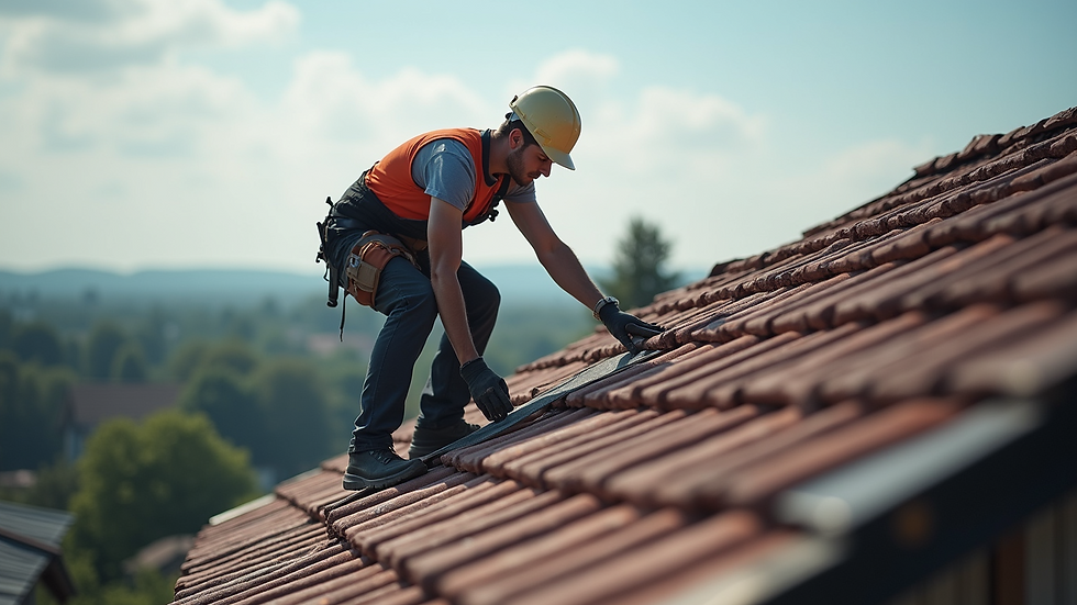 Eye-level view of a roofing contractor inspecting a roof