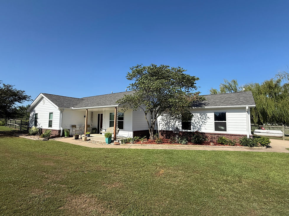 Eye-level view of a house with new vinyl siding and a landscaped front yard