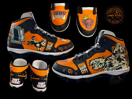 Multiple views of John Ridgeway’s custom Zeus’ Rescues My Cause My Cleats featuring Scrim by Sandi DeMeo