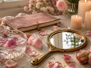 Rosewater, mirror, journal, and rose quartz arranged for a self-love and beauty ritual