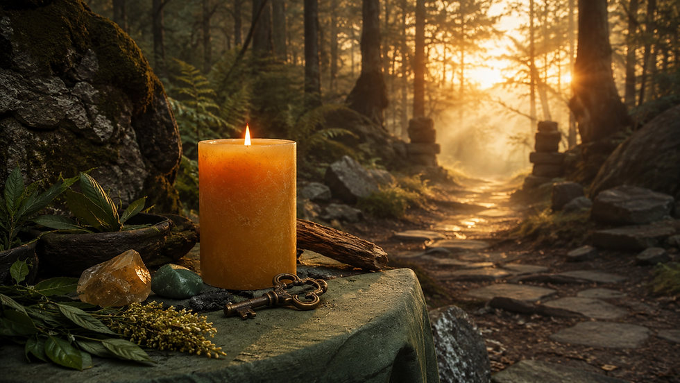 Road opener ritual altar with golden candle and key beside a sunlit woodland path