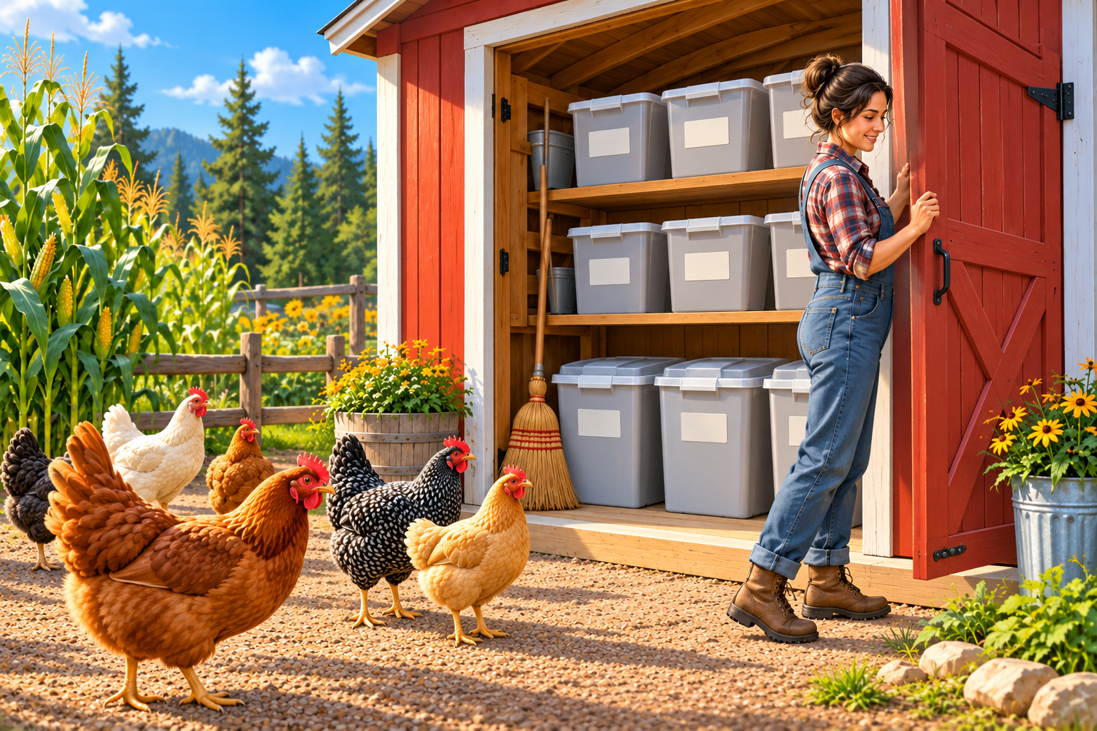 Illustration of a caregiver closing a poultry feed-storage area with sealed bins and chickens outside.
