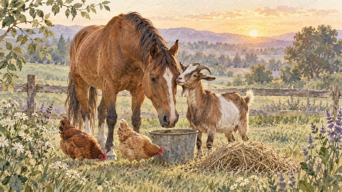 Watercolor illustration of a horse, goat and hens at Rice Ranch.