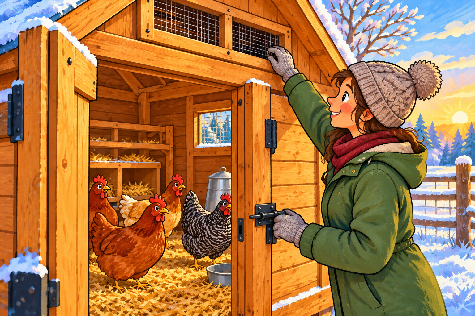 Illustration of a caregiver checking a coop latch and high ventilation opening on a frosty morning.