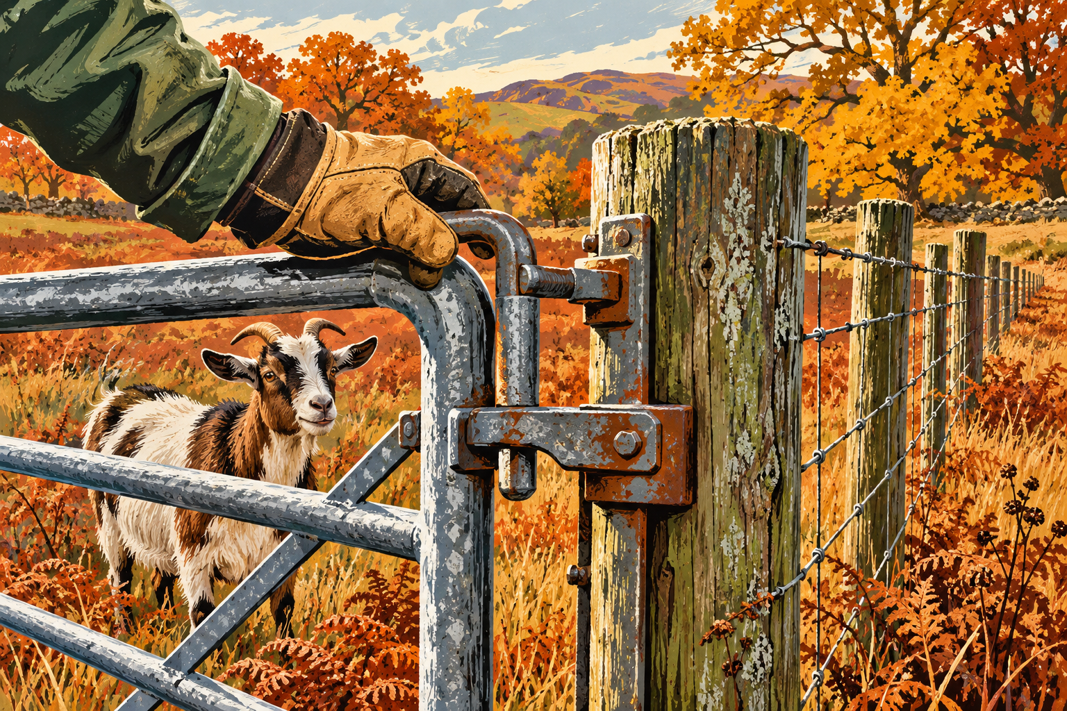 Illustration of a gloved hand checking a farm gate hinge and latch beside an autumn fence line.