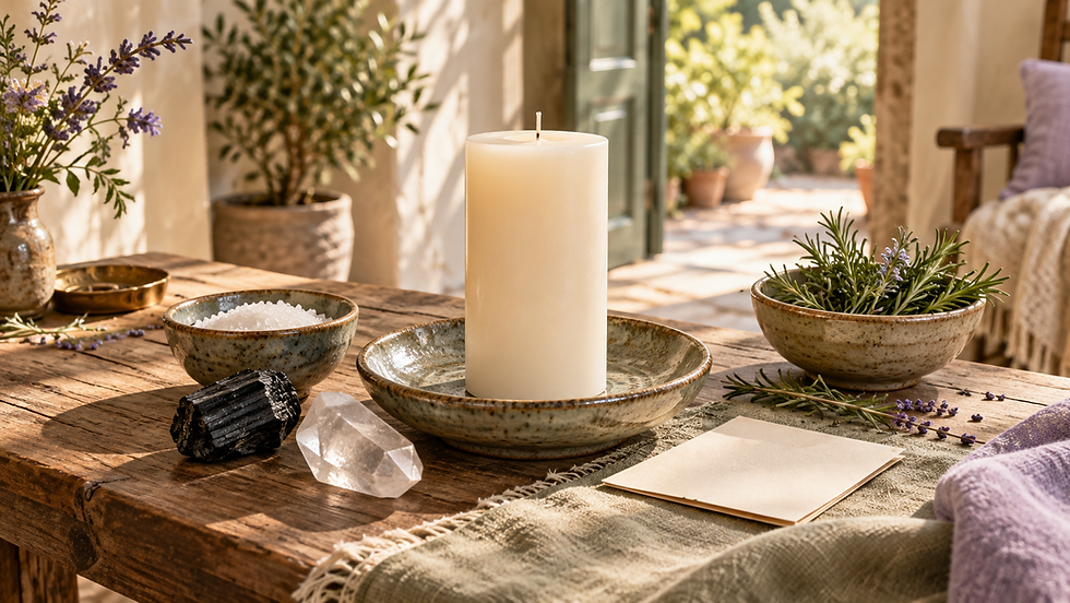 Unlit ivory candle, salt, tourmaline, quartz, and an intention note beside a sunlit doorway.