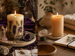 Botanical ritual candle and simple intention candle shown side by side