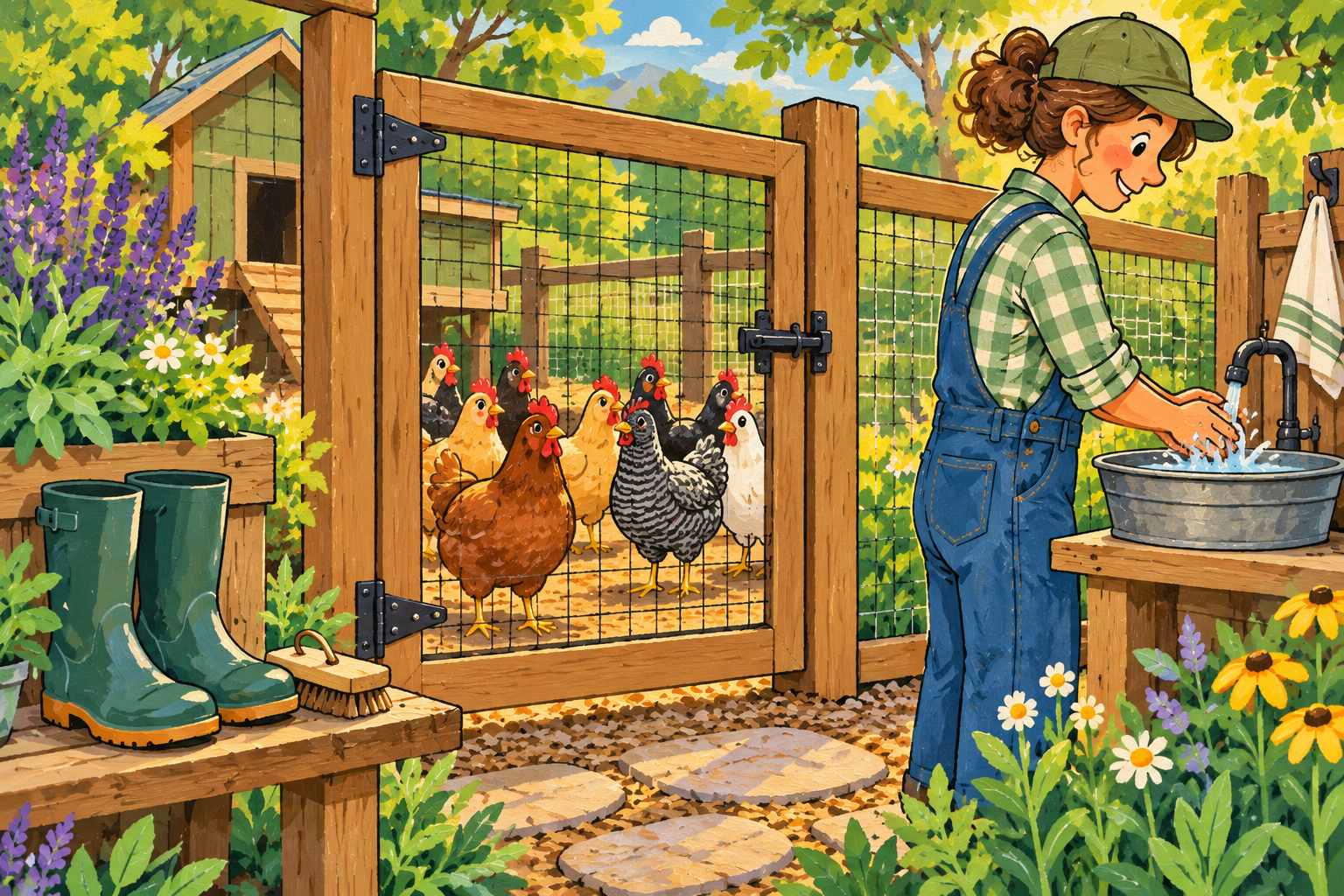 Illustration of handwashing and dedicated boots outside a gated chicken-care area.