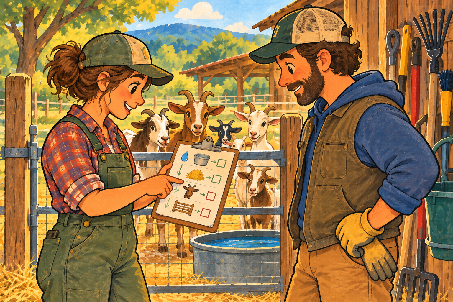 Illustration of two farm caregivers reviewing a chore handoff sheet beside a goat enclosure.