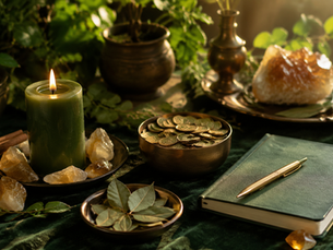 Green candle abundance altar with coins, bay leaves, cinnamon, crystals, and a journal