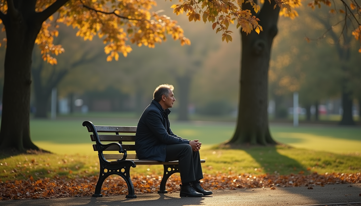 Eye-level view of a person sitting alone on a bench in a quiet park, looking contemplative
