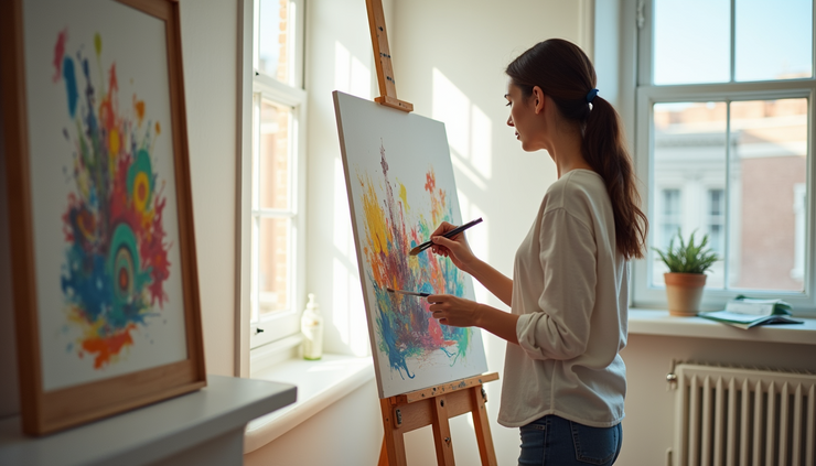 Eye-level view of a person painting a colourful abstract artwork on a canvas in a bright room