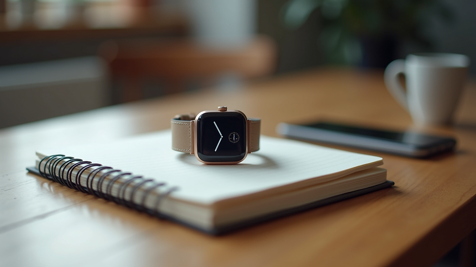 Eye-level view of a journal and smartwatch on a wooden desk