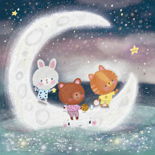 moon, childrens illustration, baby rabbit, baby bear, kitten, dream, whimsical, night time, star, starry