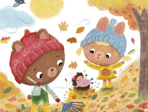 Bear, Bunny, Hedgehog, Autumn. Fall, Raking leaves, Day, Whimsical, illustration, childrens.