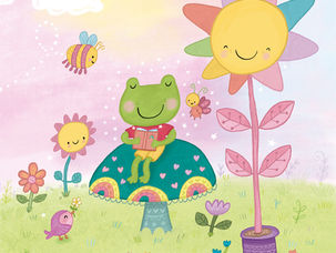 frog mushroom magic read book flower grass sky bee bird peace