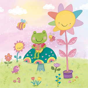 frog mushroom magic read book flower grass sky bee bird peace