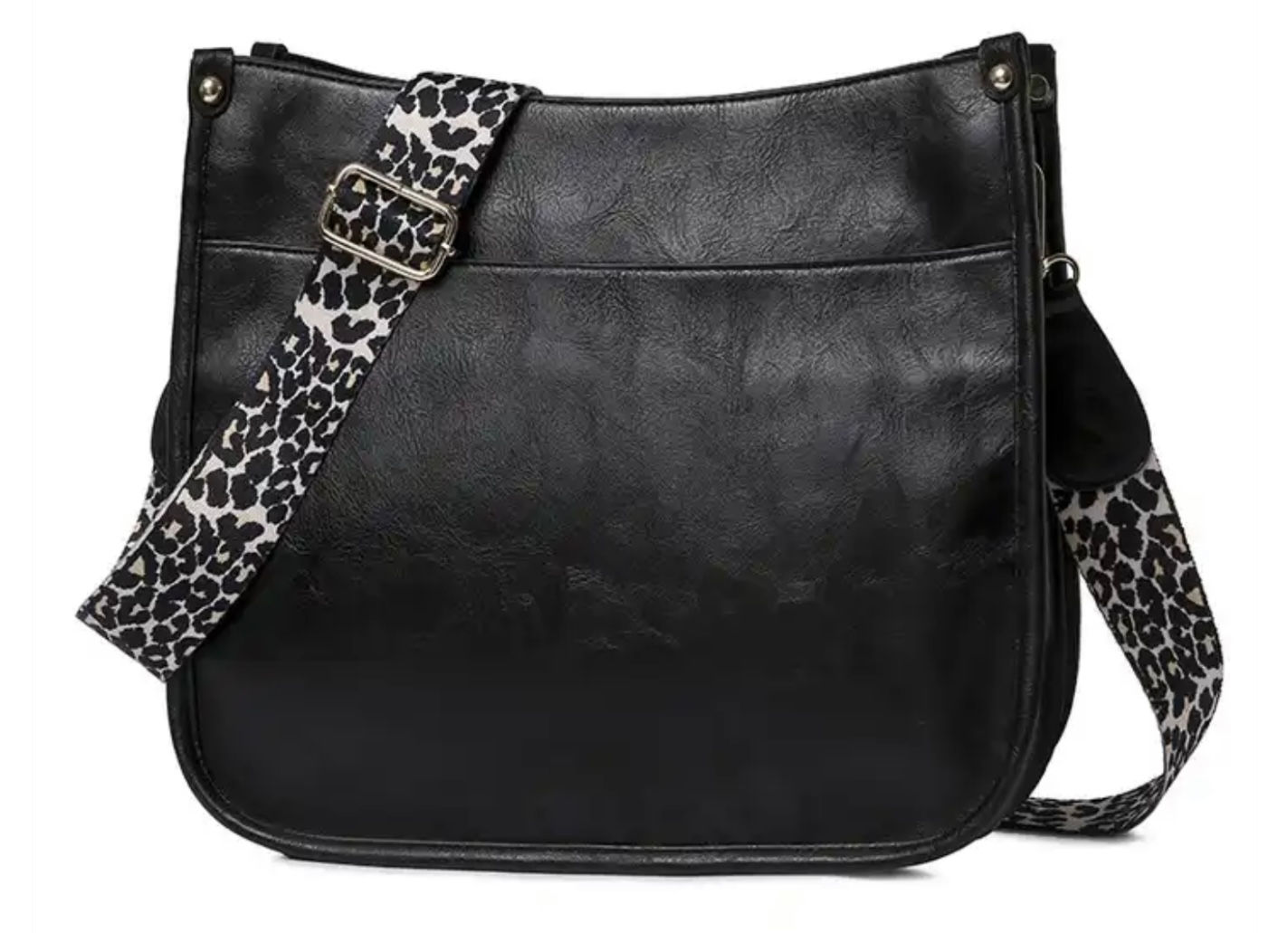 vegan leather cross-body messenger bag with interchangeable strap, animal print, black