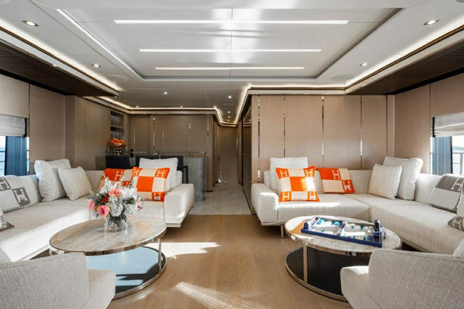 Formal dining room set for ten guests onboard yacht