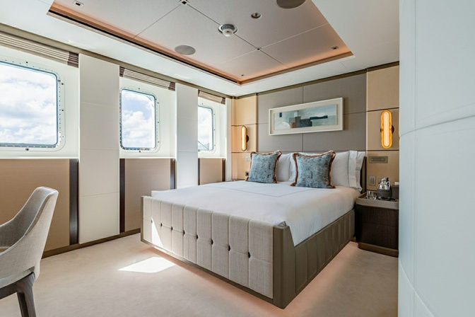 Double guest stateroom on luxury yacht with modern design