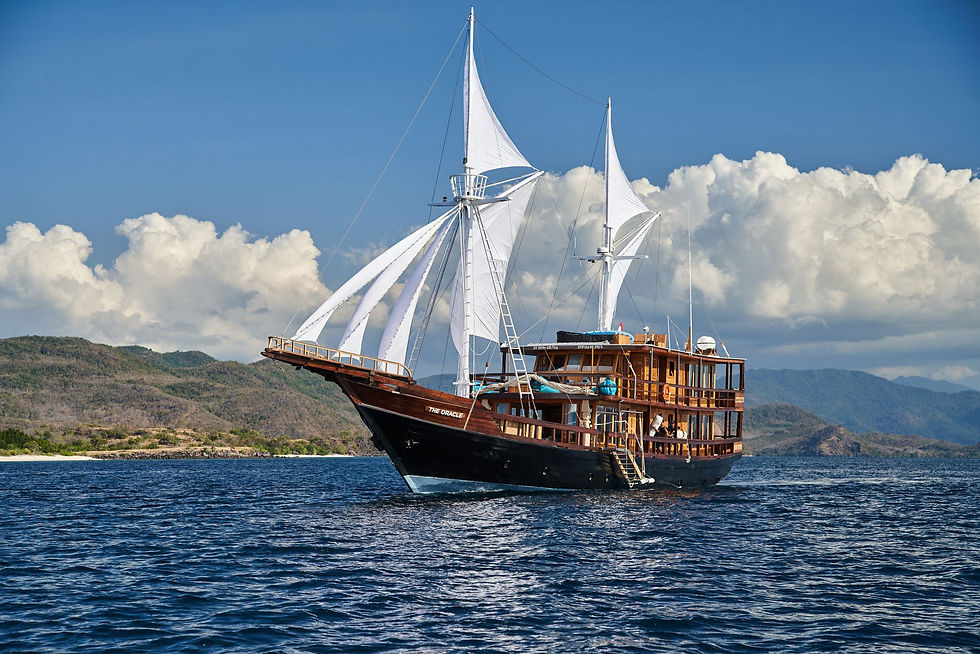 Oracle luxury yacht charter Indonesia by Navélia Yacht Charters Indonesia, classic wooden expedition yacht sailing under white sails near the Indonesian islands